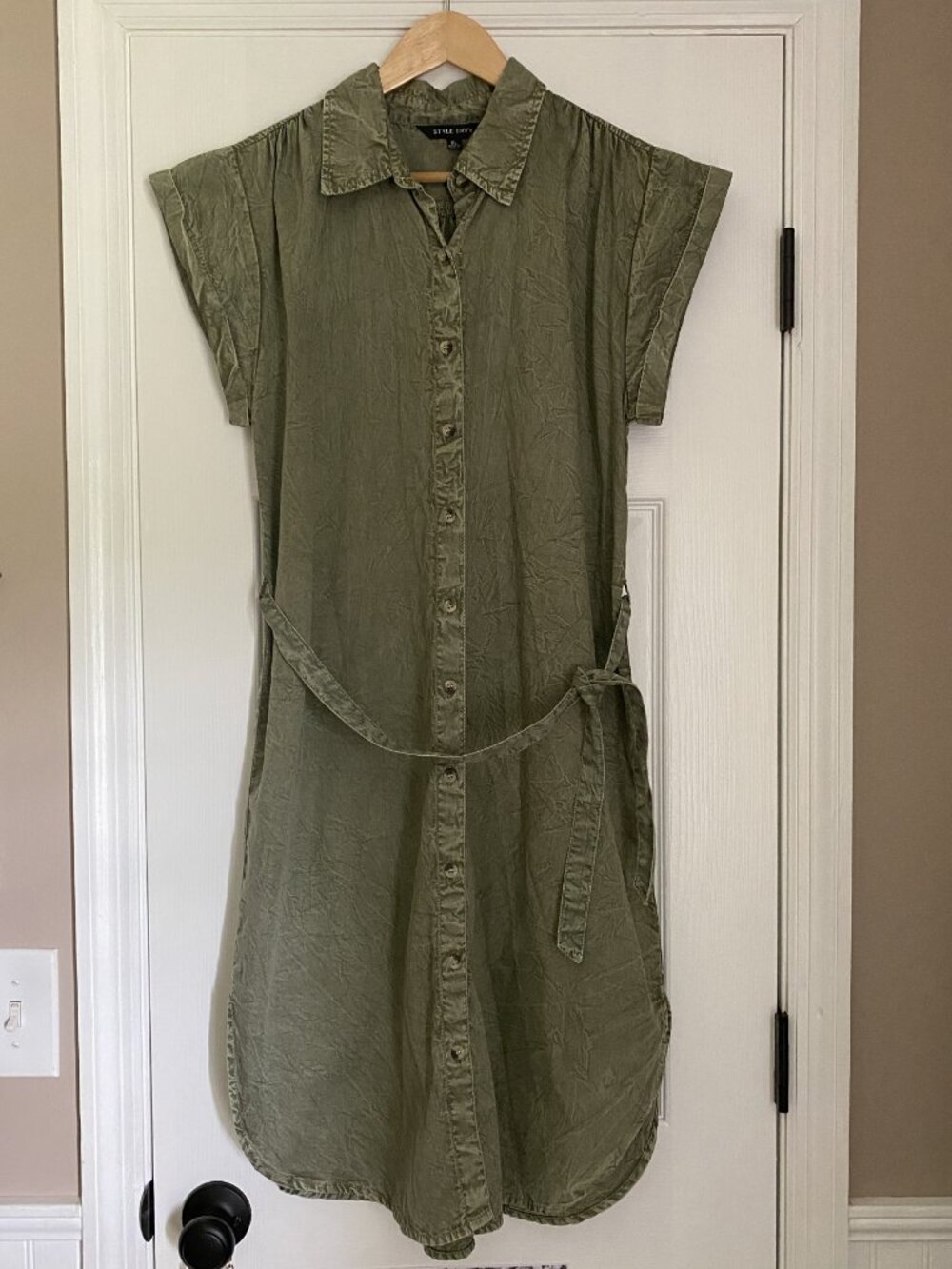 Style Envy - Olive Green Acid Washed Button Front Shirt Dress - Size XL